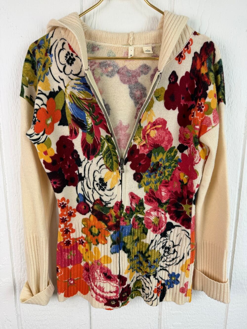 Anthropologie Moth Floral 100% Wool Zip Up Sweater, Medium